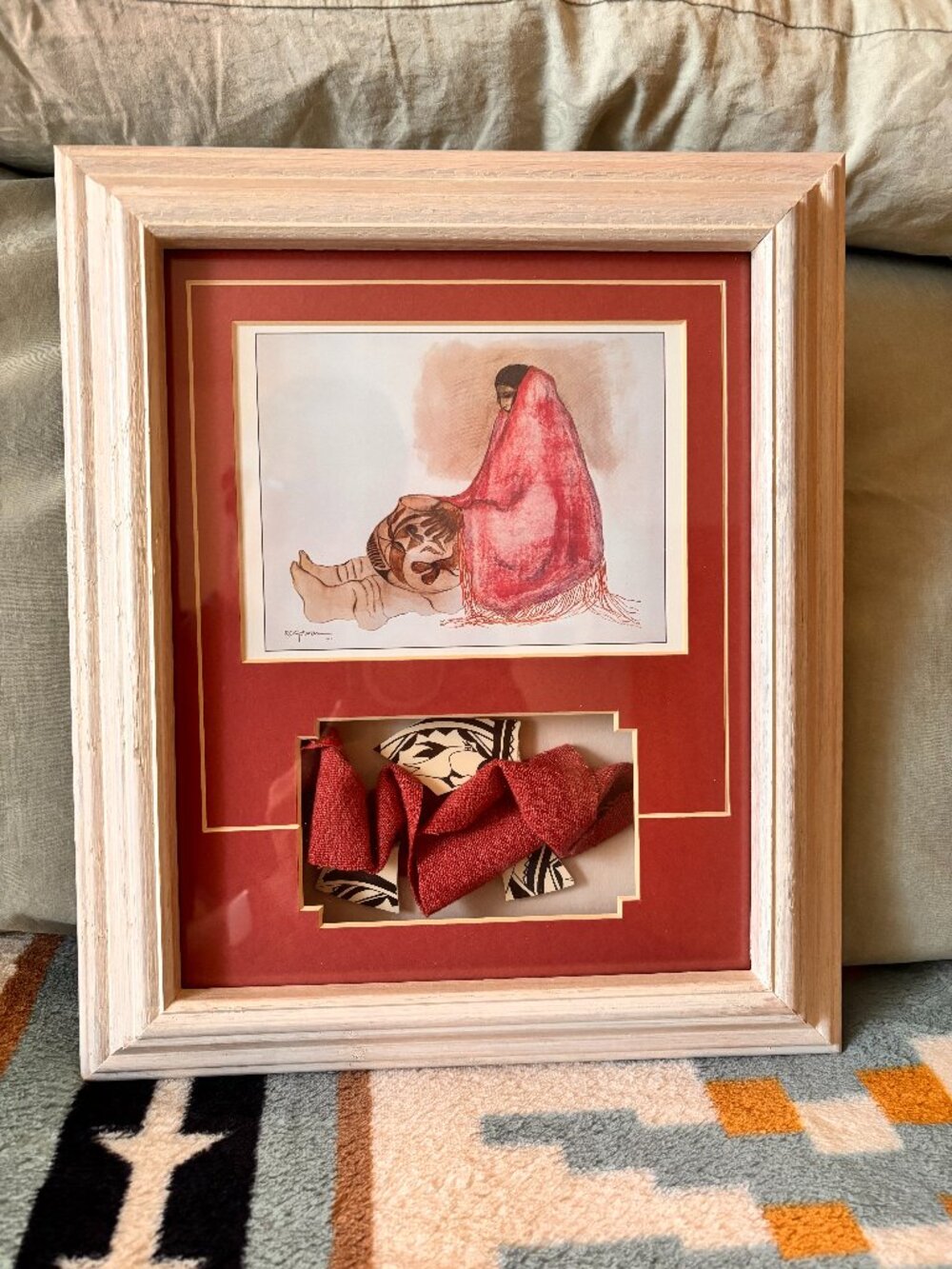 R. C. GORMAN NATIVE WOMAN LITHOGRAPH PRINT TIGUA with POTTERY SHARDS and SHAWL